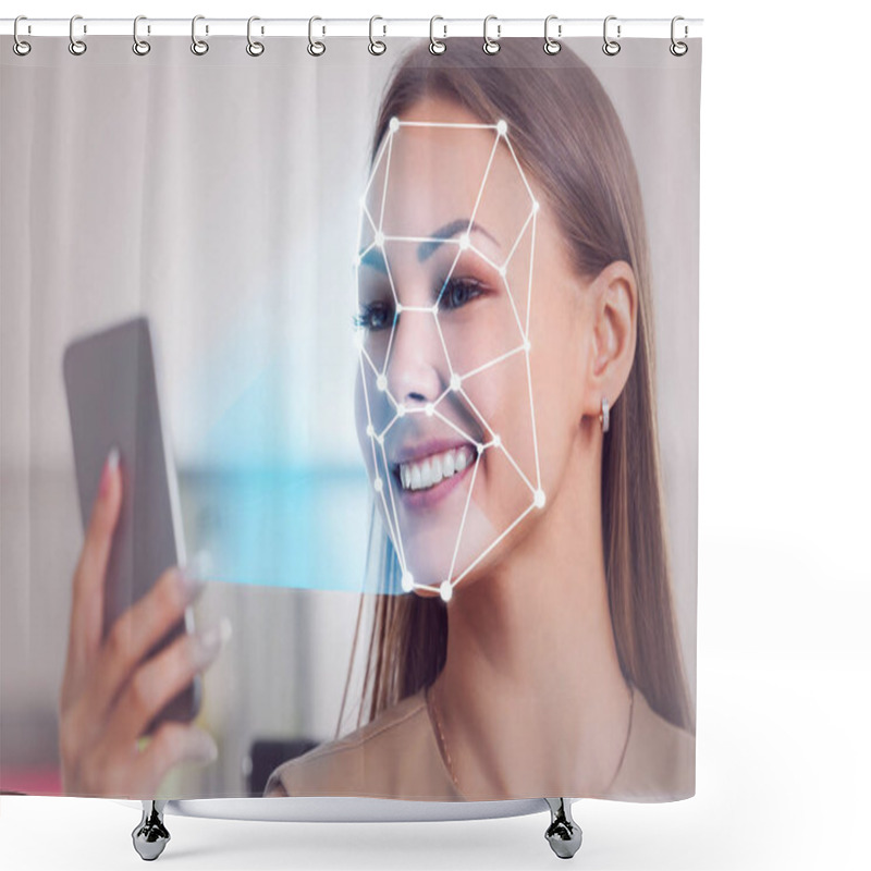 Personality  Smiling Blonde Businesswoman Using Smartphone With Face Recognition Technology In Blurred Office. Toned Image Double Exposure Shower Curtains