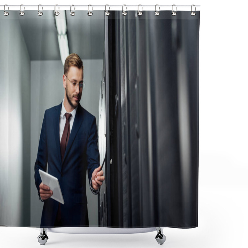 Personality  Selective Focus Of Businessman In Glasses Holding Digital Tablet  Shower Curtains