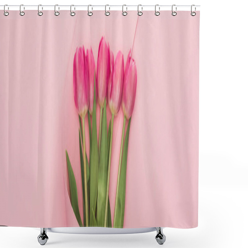 Personality  Top View Of Pink Tulips Wrapped In Paper Swirl On Pink Background Shower Curtains