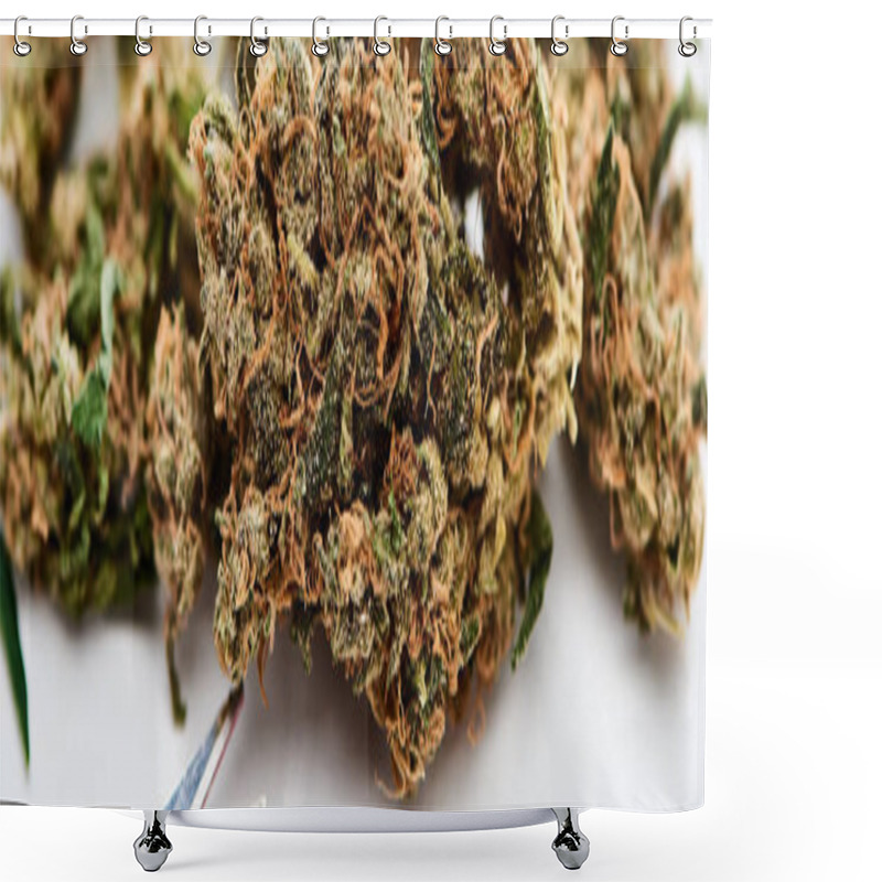 Personality  Close Up View Of Natural Marijuana Buds Near Scissors On White Background, Panoramic Shot Shower Curtains