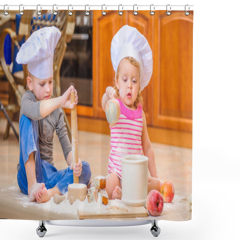 Personality  Two siblings - boy and girl - in chef's hats sitting on the kitc shower curtains