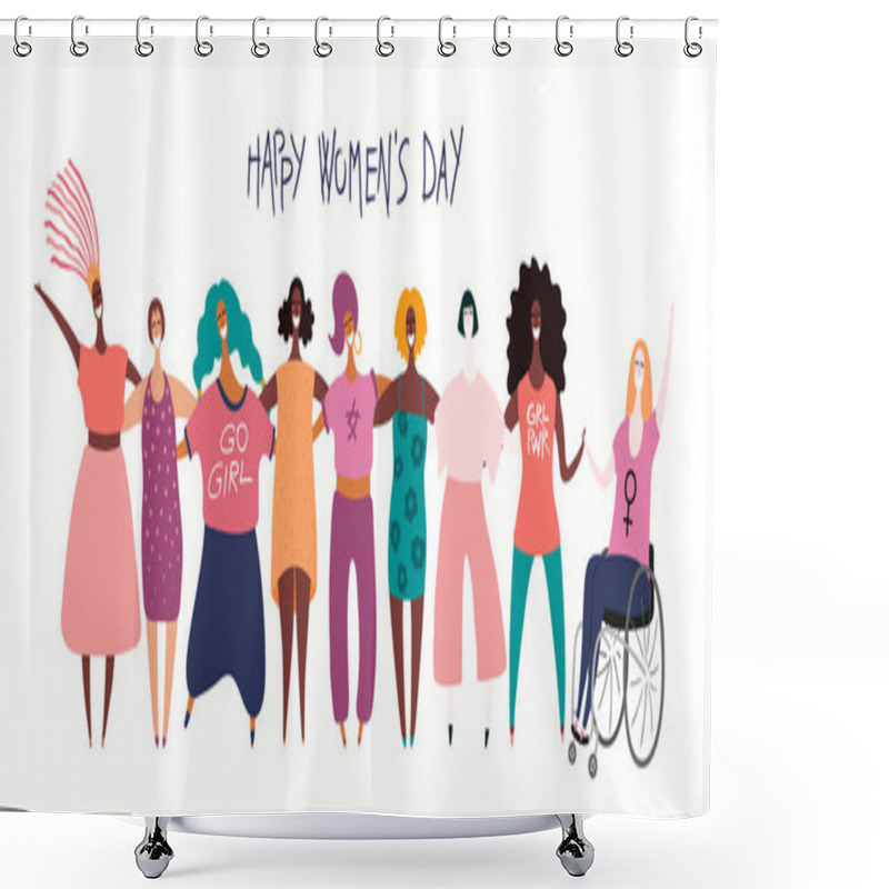 Personality  Hand Drawn Vector Illustration Of Diverse Modern Girls Together. Concept Of Feminism, Women Day Card, Female Cartoon Characters. Shower Curtains