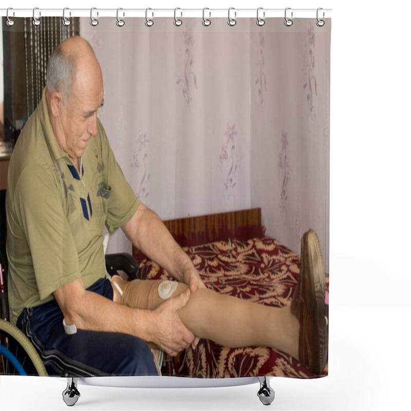 Personality  Elderly Amputee Fitting His Artificial Leg Shower Curtains