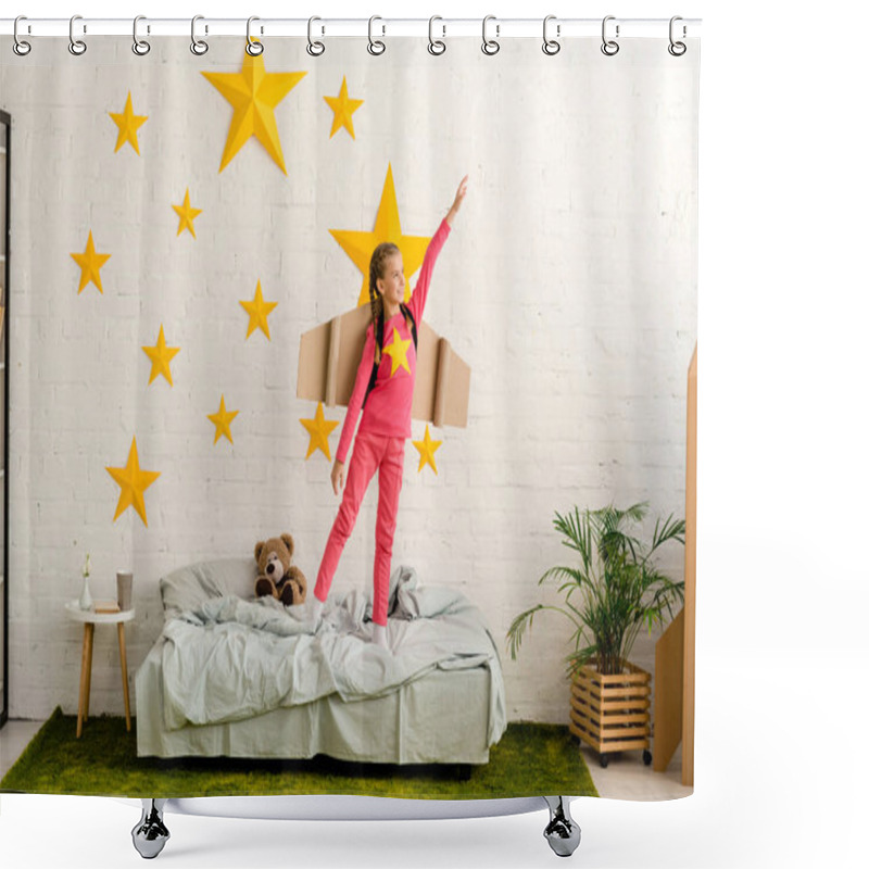 Personality  Blissful Kid With Cardboard Wings Standing On Bed With Hand Up Shower Curtains