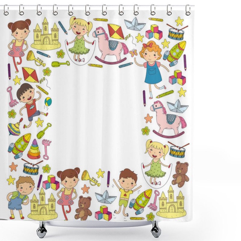 Personality  Kindergarten Nursery Preschool School Education With Children Doodle Pattern Kids Play And Study Boys And Girls Kids Drawing Icons Space, Adventure, Exploration, Imagination Concept Shower Curtains