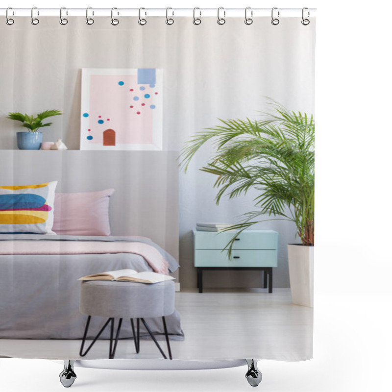 Personality  Abstract Poster In Real Photo Of Bright Bedroom Interior With Open Book On Hairpin Pouf, Fresh Plants And Bedside Table Shower Curtains