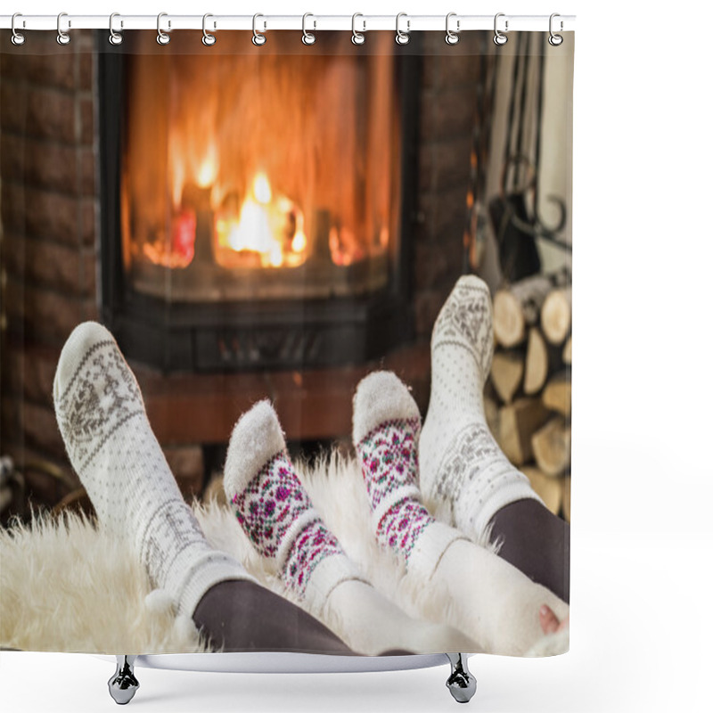 Personality  Warming And Relaxing Near Fireplace. Woman And Child Feet In Fro Shower Curtains