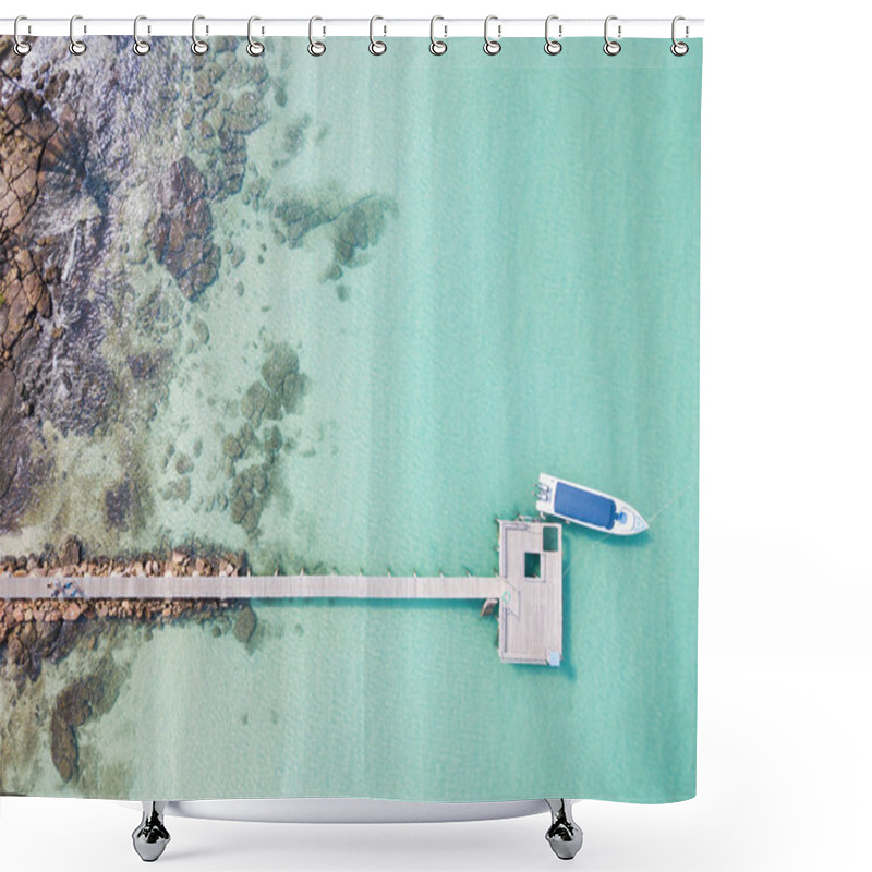 Personality  Aerial View Of Beautiful Beach With Wooden Pier And Speed Boat Background. Shower Curtains