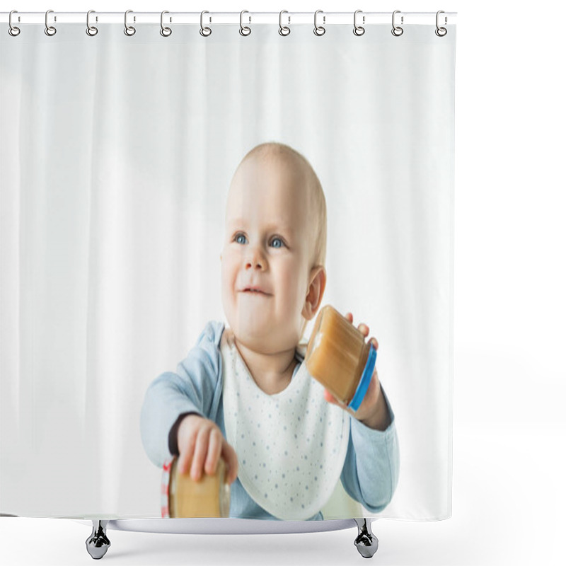 Personality  Selective Focus Of Baby Holding Jars Of Fruit Baby Nutrition And Smiling Away While Sitting On Feeding Chair On White Background Shower Curtains