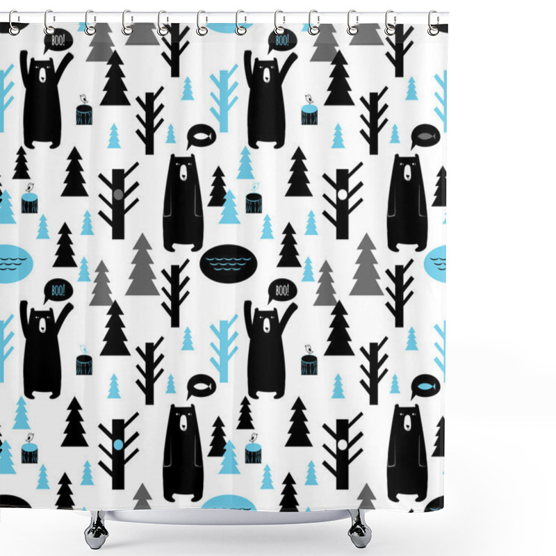 Personality  Seamless Pattern With Forest And Bears. Vector Background With B Shower Curtains