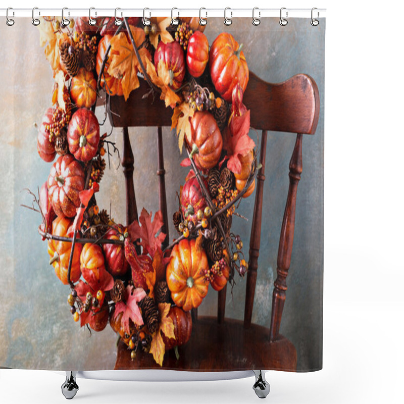 Personality  Festive Autumn Wreath With Pumpkin And Fall Leaves Shower Curtains