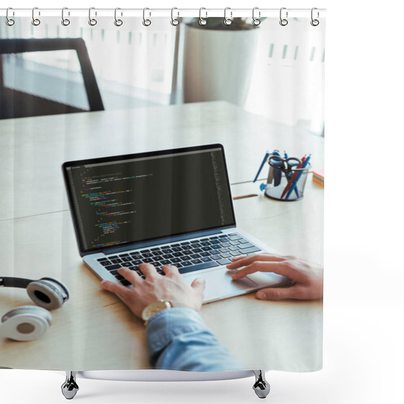 Personality  Partial View Of Developer Using Laptop Near Headphones At Table In Coworking Space Shower Curtains