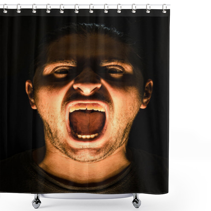 Personality  Horror Scene With Screaming Scary Human Face With A Harsh Light On A Black Background - Halloween Concept With Young Man With Open Mouth And Teeth Shower Curtains