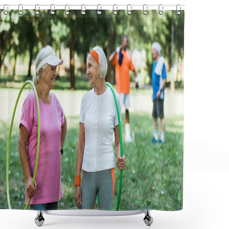 Personality  Selective Focus Of Happy Senior Women Smiling While Holding Hula Hoops Near Multicultural Retired Men  Shower Curtains