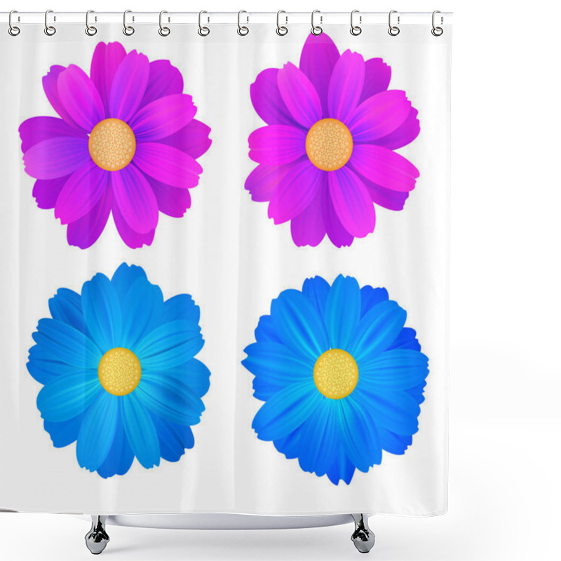 Personality  Set Of Isolated Buds Of Flowers, Blue And Purple Gerbera. Vector Colorful Flowers On White Background. Template For For T-shirt, Fashion, Prints And Other Design Shower Curtains