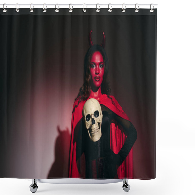 Personality  Dressed As A Devil, She Confidently Holds A Skull, Celebrating The Spirit Of Halloween. Shower Curtains