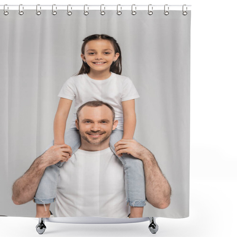 Personality  Happy Preteen Daughter With Brunette Hair Sitting On Shoulders Of Unshaved And Cheerful Father With Bristle And Looking At Camera On Grey Background, Child Protection Day  Shower Curtains