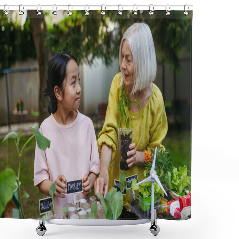 Personality  Girl Student Growing Vegetable And Herb Seedlings, Teacher Helping Her. Outdoor Sustainable Education Class In School Garden Concept Of Experiential Learning, Ecoliteracy. Shower Curtains