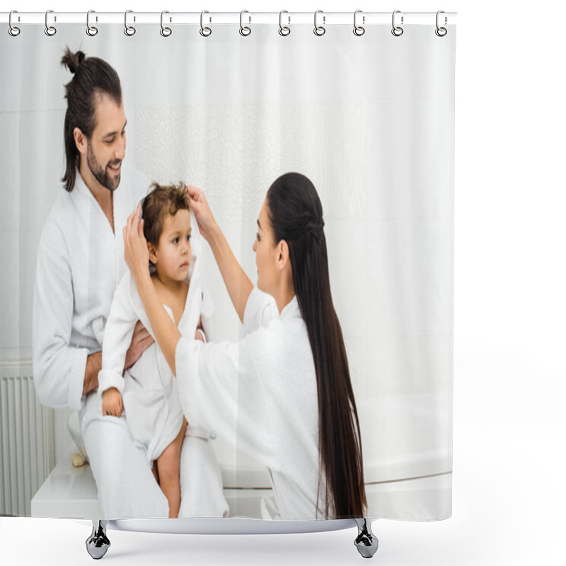 Personality  Parents Sitting In Bathroom With Toddler Son In White Bathrobe  Shower Curtains