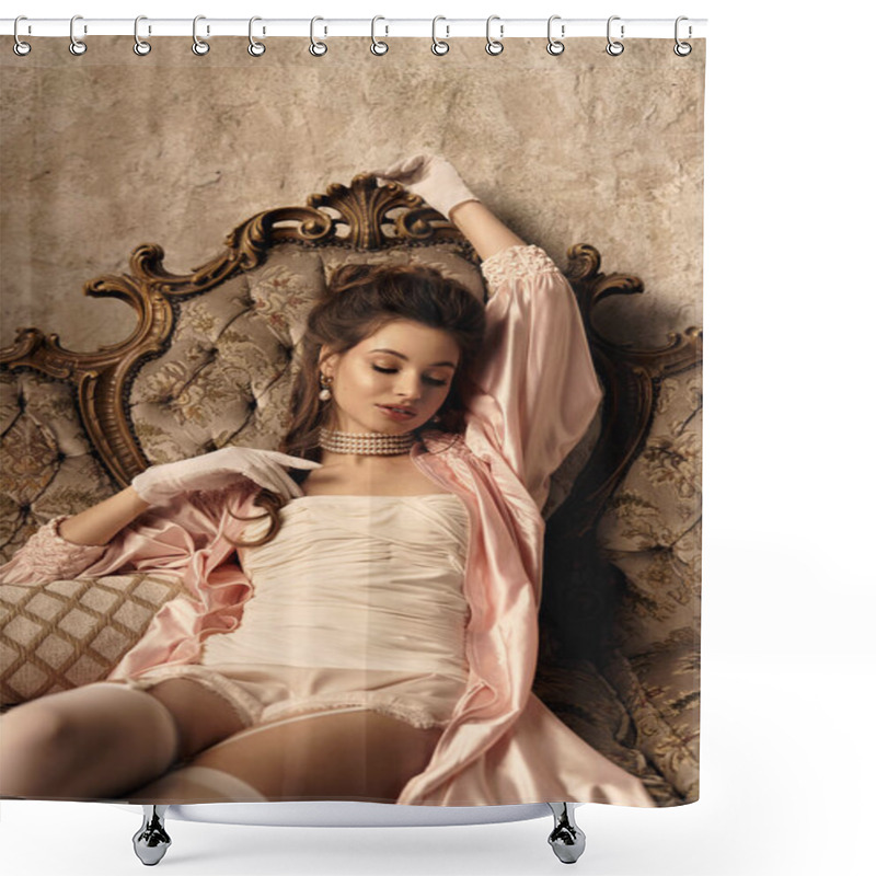 Personality  A Young Woman In Soft Fabrics Lounges, Embodying Elegance And Charm In A Fantasy World. Shower Curtains