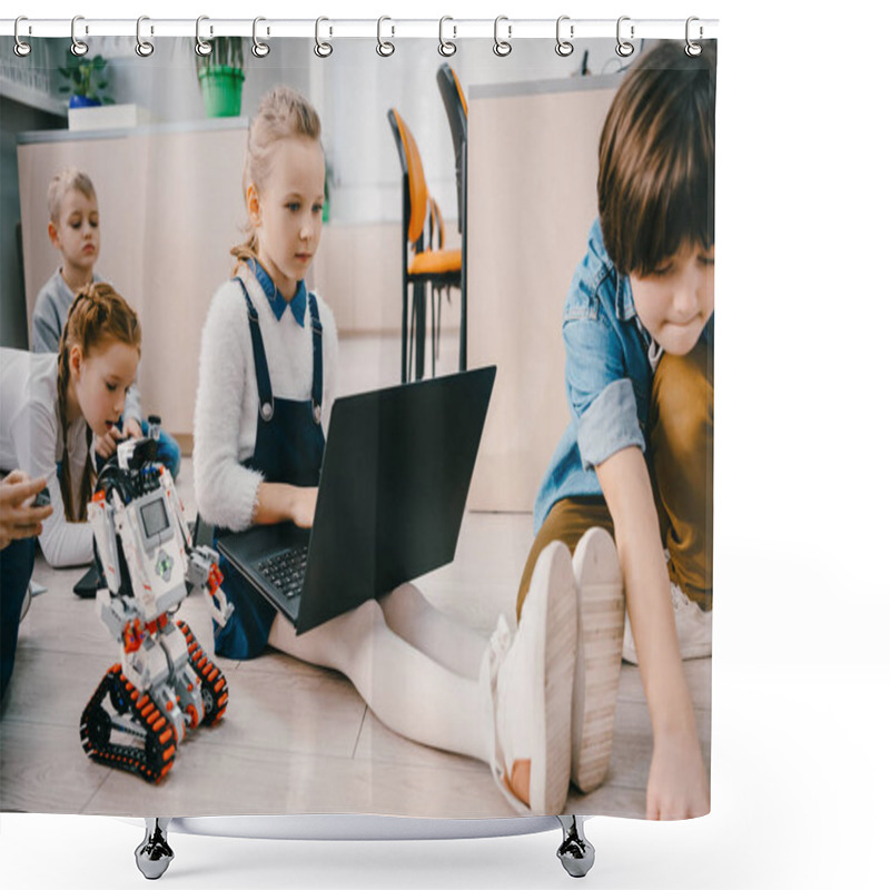 Personality  Kids Programming Robot While Sitting On Floor At Stem Education Class Shower Curtains