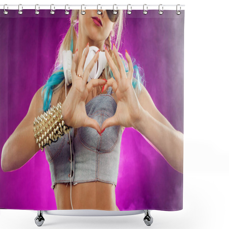 Personality  Disco Girl Shows Hands Sign Heart. Retro Style Shower Curtains