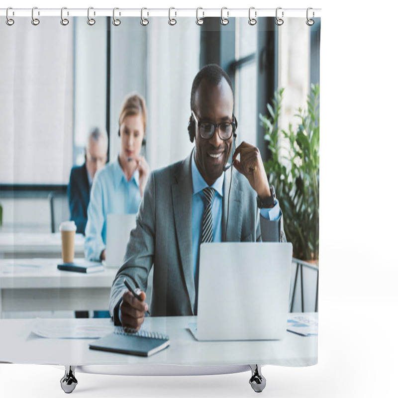 Personality  Handsome Smiling African American Businessman In Eyeglasses And Headset Using Laptop And Taking Notes Shower Curtains