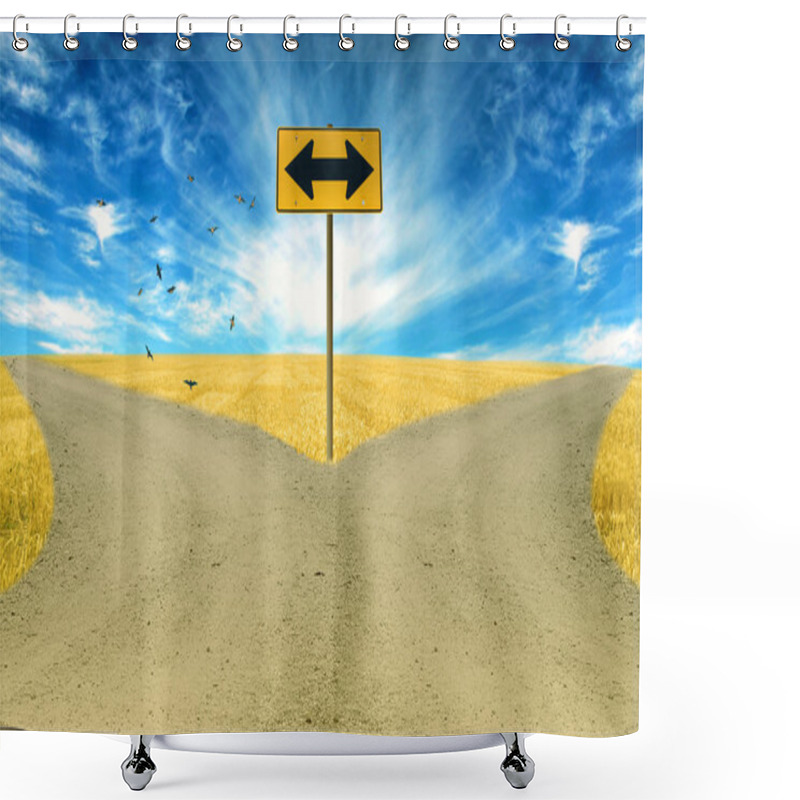 Personality  Two Roads, Road Sign Ahead With Arrows Blue Sky Background Shower Curtains