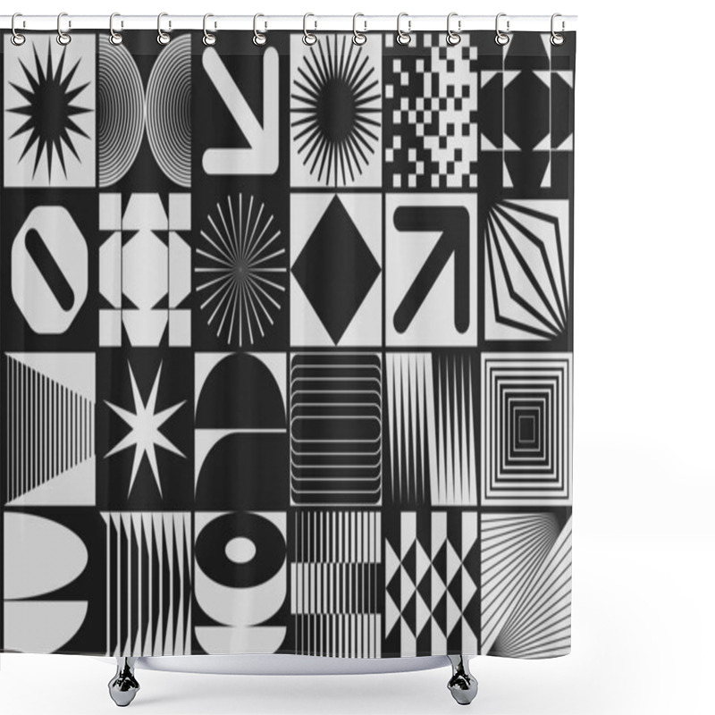 Personality  Swiss Design Style Abstract Poster Layout With Geometric Graphics And Bold Elements. Modern Geometry Composition Artwork With Simple Vector Shapes. Useful For Poster Design, Web Presentation, Etc. Shower Curtains