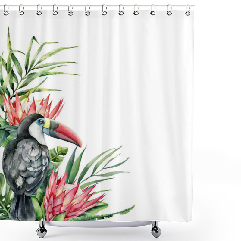 Personality  Watercolor Tropical Toucan And Protea Card. Hand Painted Bird And Flowers Isolated On White Background. Nature Botanical Illustration For Design, Print. Realistic Delicate Plant. Shower Curtains