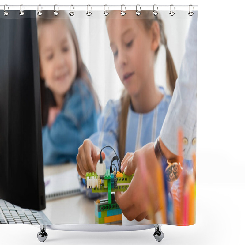 Personality  Selective Focus Of Teacher Holding Robot Near Schoolgirls And Computer In Classroom  Shower Curtains