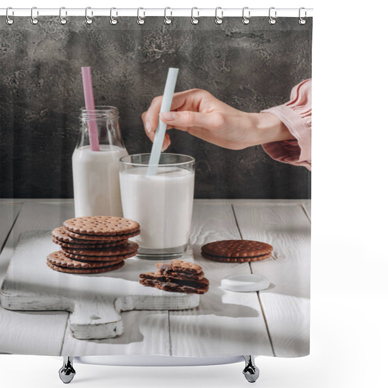 Personality  Cropped Shot Of Woman Putting Straw Into Glass Of Milk Standing On White Wooden Table With Stack Of Cookies Shower Curtains