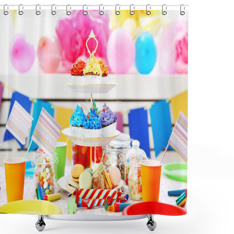 Personality  Prepared Birthday Table With Sweets For Children Party Shower Curtains