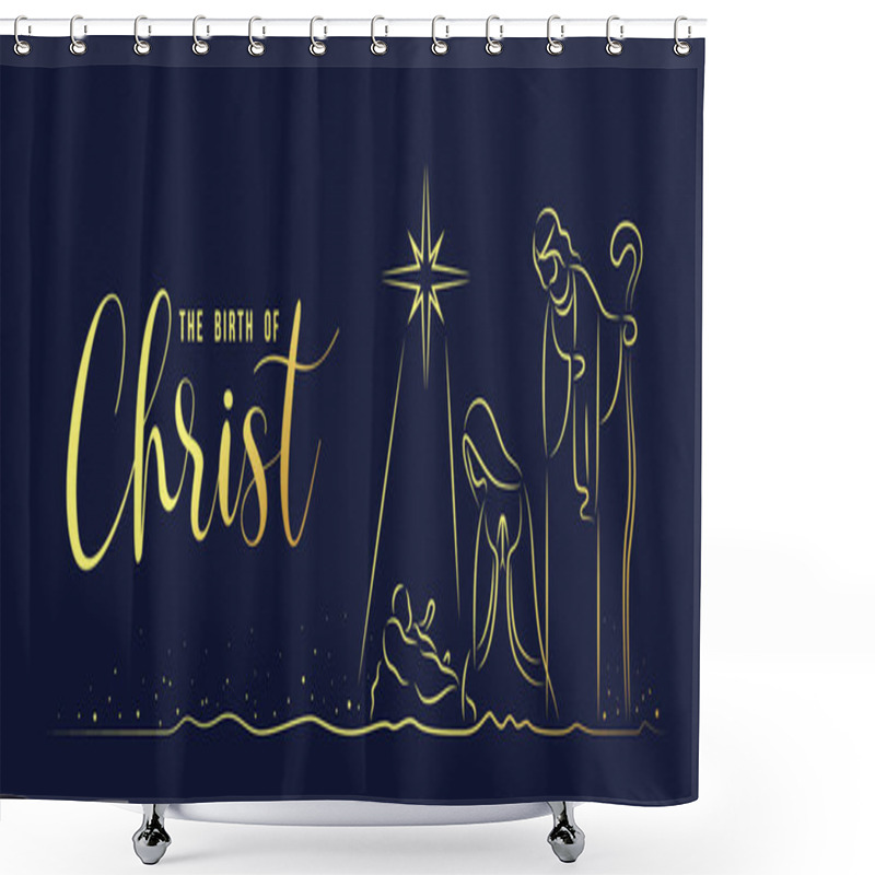 Personality  The Birth Of Christ - Abstract Gold Line Drawing The Nativity With Mary And Joseph In A Manger With Baby Jesus On Dark Blue Background Vector Design Shower Curtains