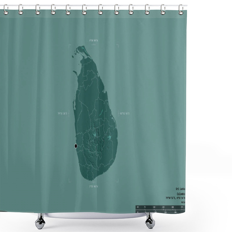 Personality  Area Of Sri Lanka Isolated On A Solid Background In A Georeferenced Bounding Box. Main Regional Division, Distance Scale, Labels. Colored Elevation Map. 3D Rendering Shower Curtains