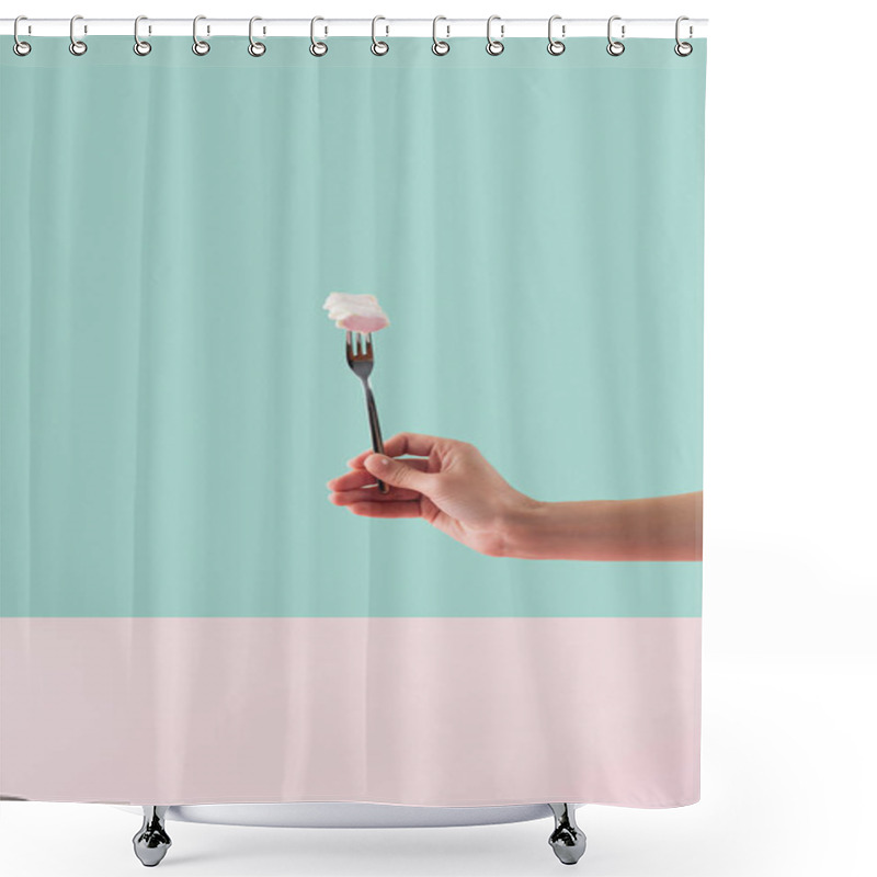 Personality  Cropped View Of Tattooed Hand With Sweet Marshmallow On Fork Shower Curtains