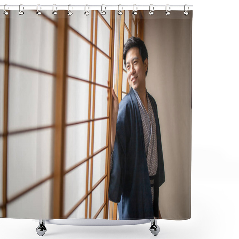 Personality  Lovely Asian Man Wearing Yukata Japanese Tradditional Cloth In Traddition Japan Style In Tatami Room. Face On Happy Time In Japan With Copy Space. Shower Curtains