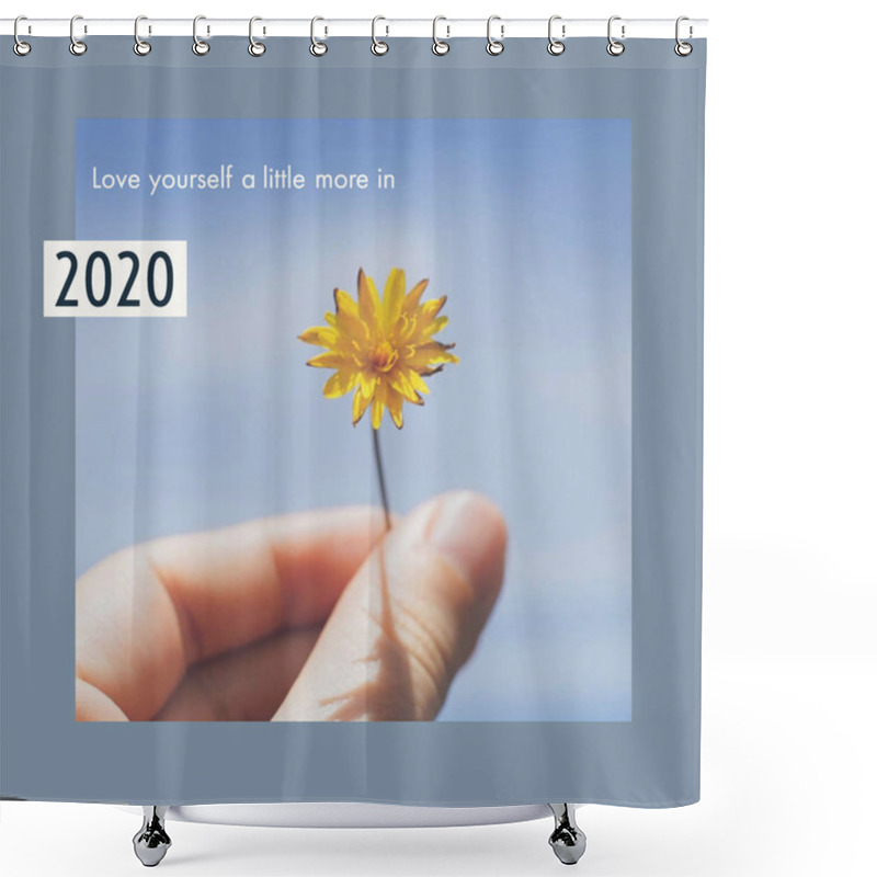 Personality  Trendy Inspirational Motivation About Happy New Year And Positive Word With Hand Holding Flower, Holiday And Celebration Concept Shower Curtains