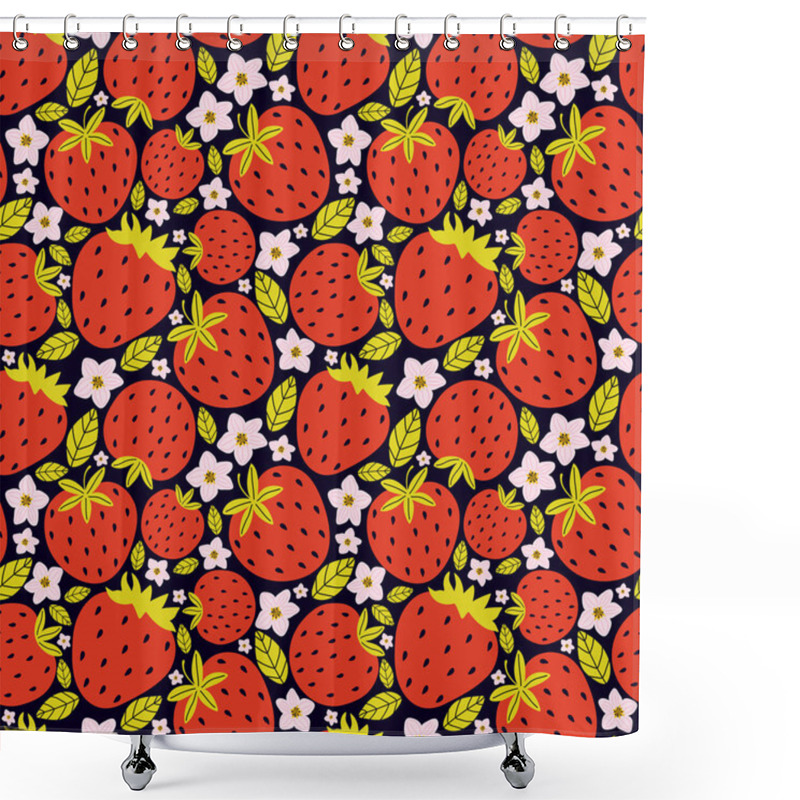 Personality  Hand Drawn Seamless Pattern With Berries And Strawberry Flowers With Leaves On A Black Background. Summer Background Fresh Sweet Berries. Vector Illustration For Ads, Menu And Web Banner Designs. Shower Curtains