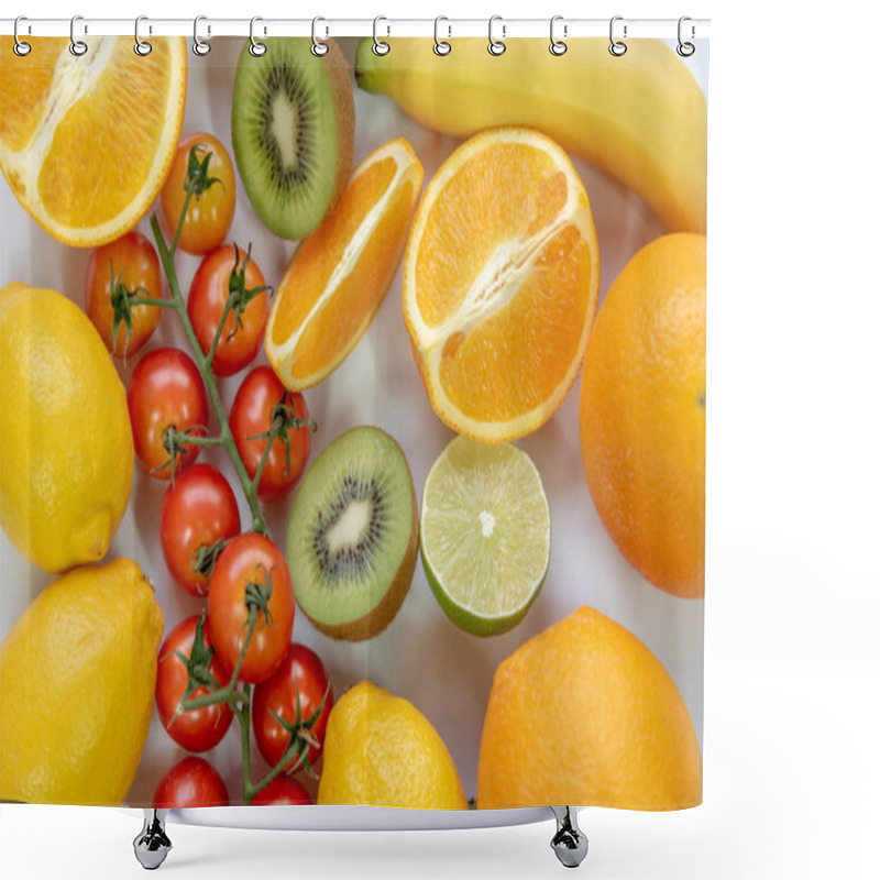 Personality  Various Sliced Fruits On White Background. Close Up Of Nutrition Vitamin C Fruits. Healthy And Freshness Food Concept. Top View And Flat Lay Theme. Shower Curtains