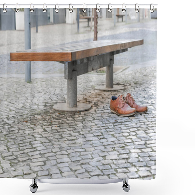 Personality  Brown Leather Shoes On A Cobblestone Pavement Next To A Bench In An Urban Setting. Shower Curtains