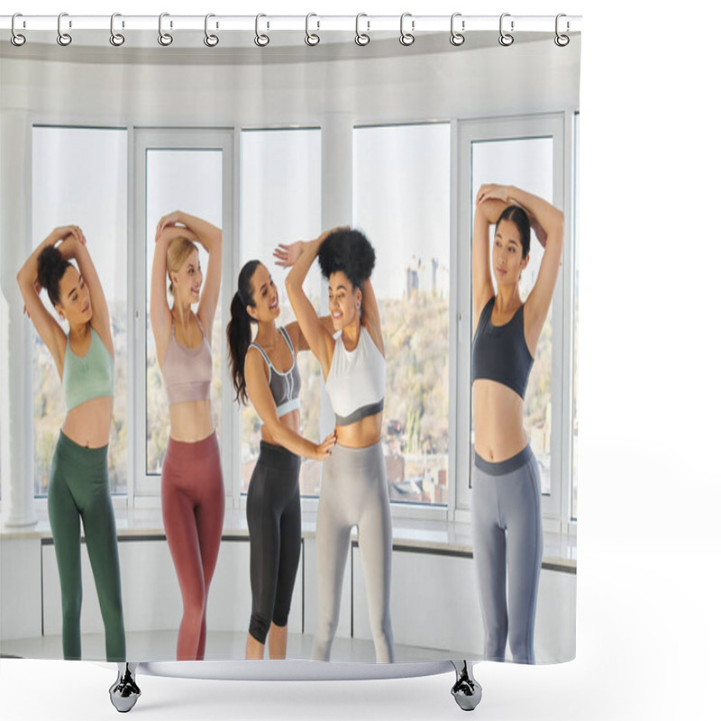 Personality  Happy Female Pilates Trainer Helping African American Woman With Her Stretching Exercise In Studio Shower Curtains