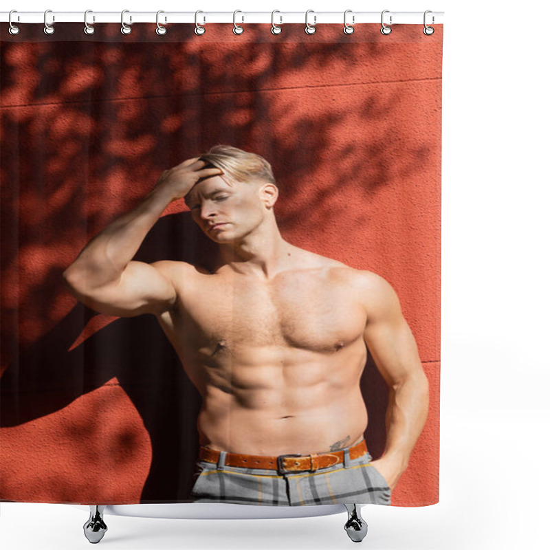 Personality  A Shirtless, Muscular Blonde Man Poses Against A Red Wall, His Hand Resting On His Head, While Wearing A Plaid Belt. Shower Curtains