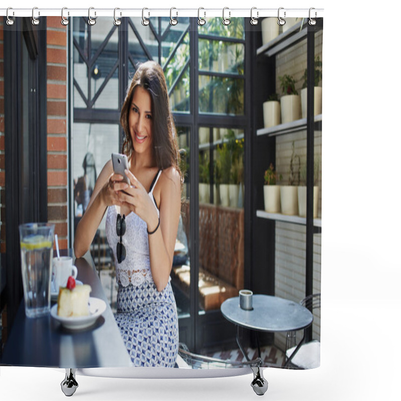 Personality  Charming Woman Using Mobile Phone Shower Curtains