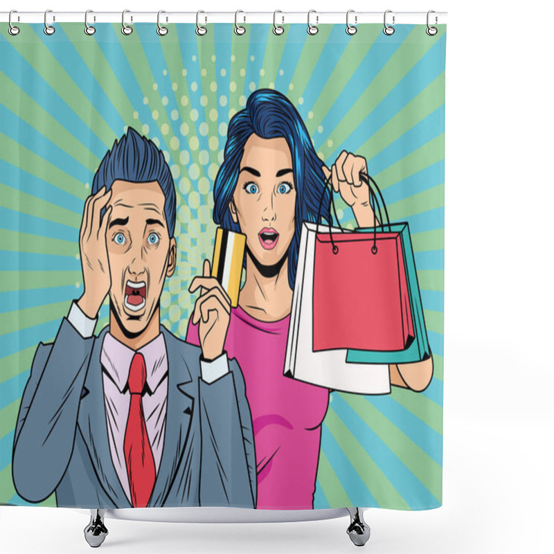 Personality  Couple With Shopping Bags And Credit Card Pop Art Style Shower Curtains