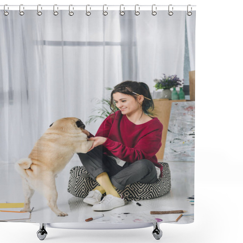 Personality  Young Woman Hugging Cute Dog On Floor Among Sketches Shower Curtains