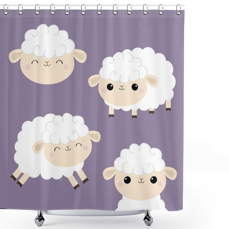 Personality  Sheep Lamb Face Head Icon Set. Cloud Shape. Jumping Animal. Cute Cartoon Kawaii Funny Smiling Baby Character. Nursery Decoration. Sweet Dreams. Flat Design. Violet Background. Shower Curtains