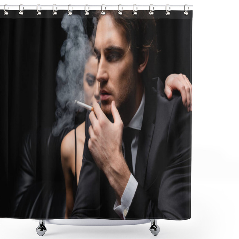 Personality  Man In Suit Smoking Cigarette Near Woman On Blurred Black Background  Shower Curtains