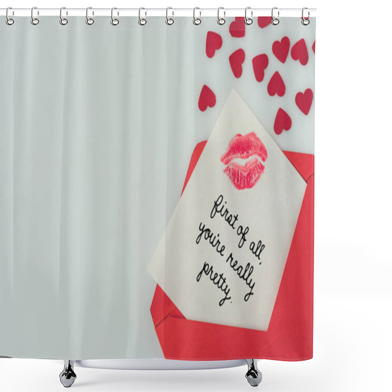 Personality  Top View Of Happy Valentines Day Postcard With Lips Print In Envelope Isolated On White Shower Curtains