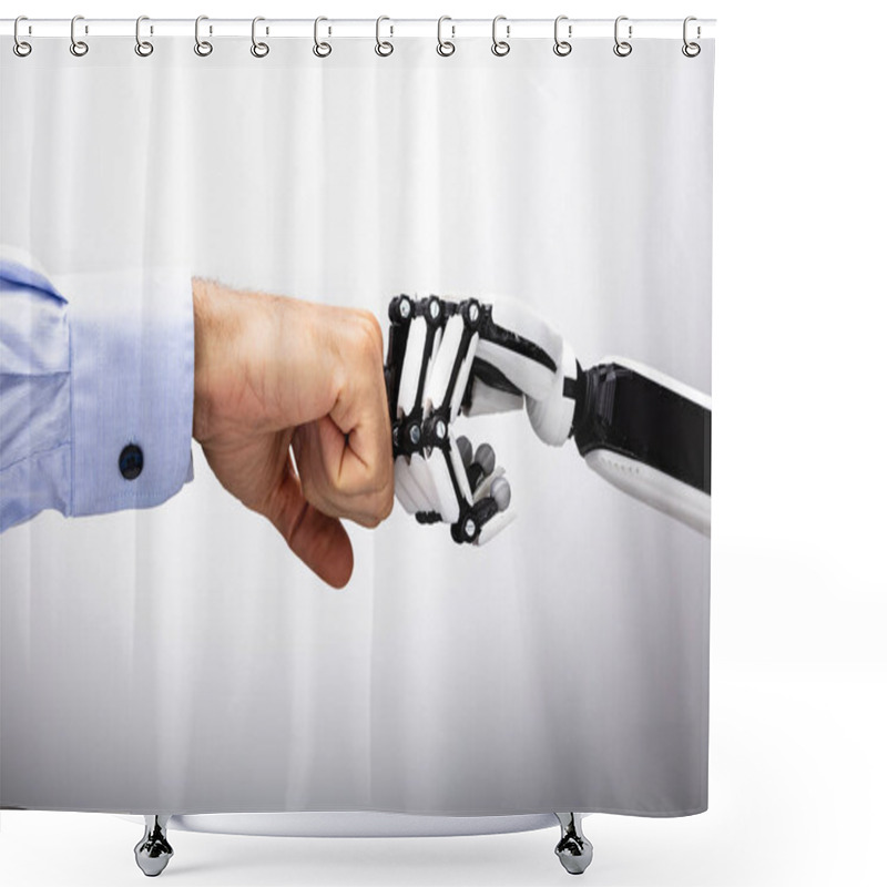 Personality  Human Hand And Robot Making Fist Bump On Gray Background Shower Curtains